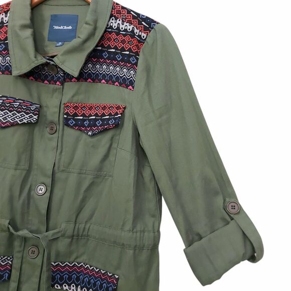 ModCloth Jacket Womens Medium Green Aztec Embroidered Front Button Twill Cotton - Picture 4 of 12